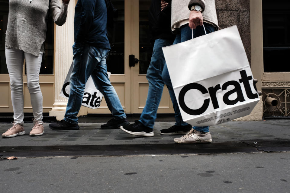 NEW YORK, NEW YORK - OCTOBER 16: People walk along a main shopping street in Manhattan on October 16, 2019 in New York City. According to new numbers released by the Commerce Department, U.S. retail sales posted their first decline in seven months. Possibly suggesting that consumers are growing increasingly concerned about trade negotiations and slower economic growth, the new numbers show retail sales fell 0.3% last month following a 0.6% gain in August.  (Photo by Spencer Platt/Getty Images)