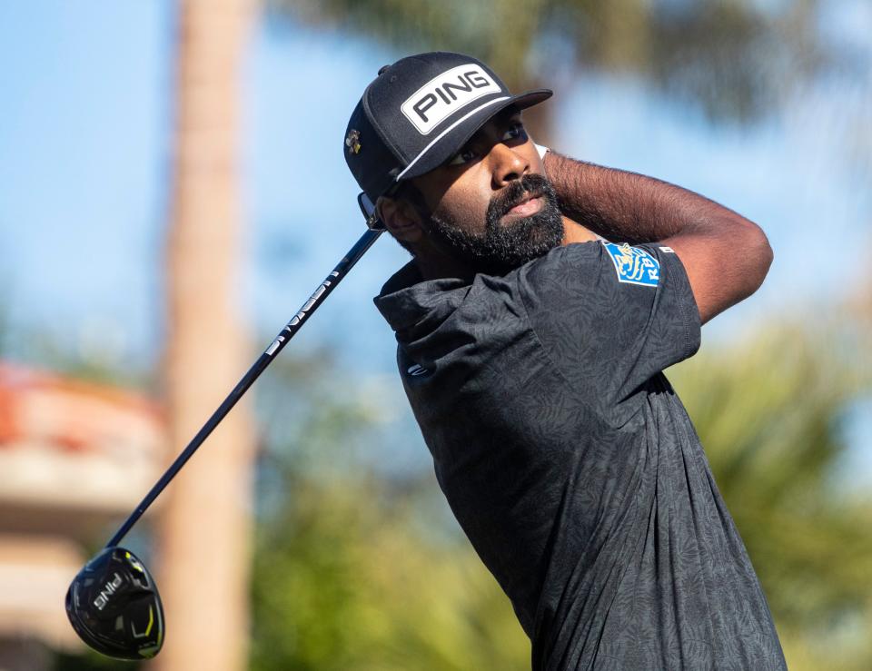 Sahith Theegala tees off on two during round two of The American Express on the Nicklaus Tournament Course at PGA West in La Quinta, Calif., Friday, Jan. 20, 2023. 