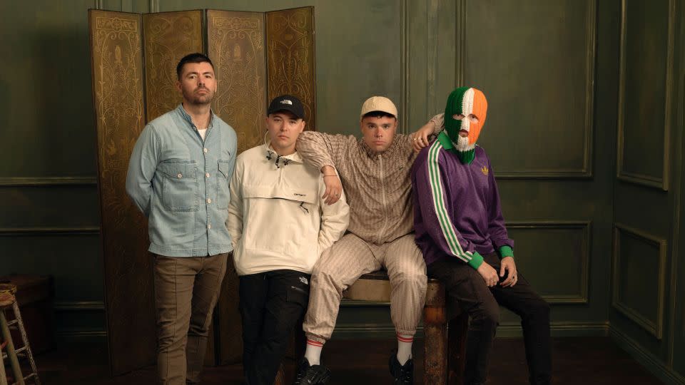 (L-R) Director Rich Peppiatt along with Liam Óg Ó Hannaidh, Naoise Ó Cairealláin and Jj Ó Dochartaigh of "Kneecap." - Justin Bettman/Getty Images