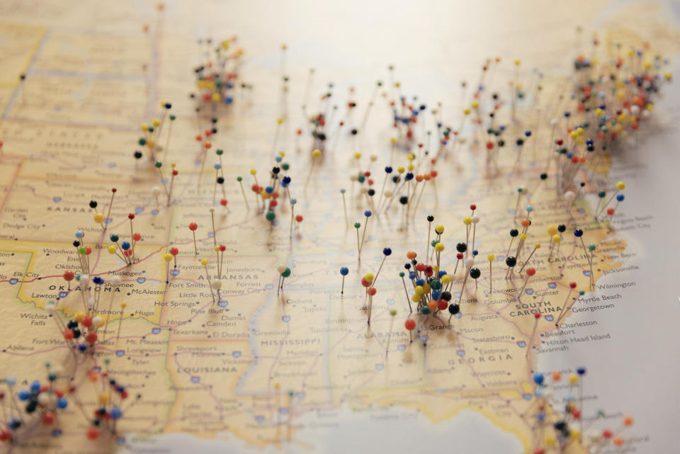 A map in Dr. Marci Bowers' office shows gender-affirming patients in the U.S. (Preston Gannaway for NBC News)