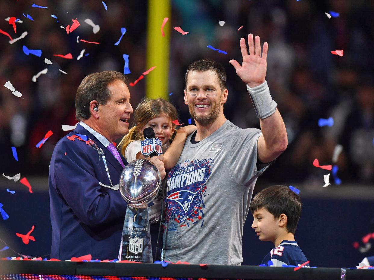 Tom Brady with daughter Vivian and son Benjamin after the Patriots won the Super Bowl in 2019.