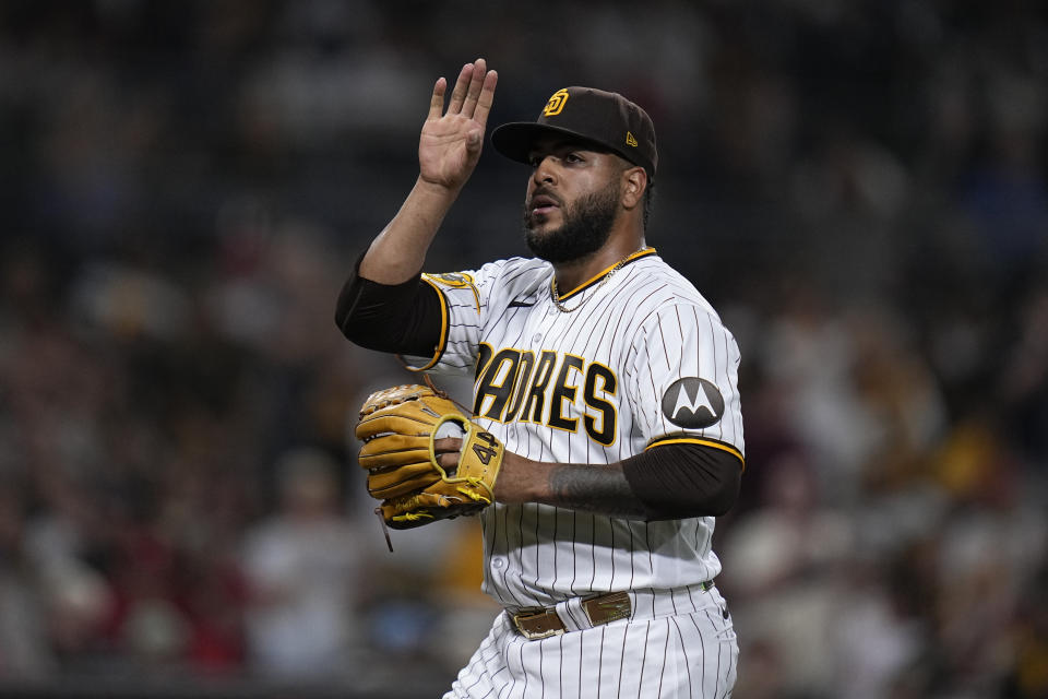 San Diego Padres starting pitcher Pedro Avila waves to fans as he exits during the seventh inning of a baseball game against the Philadelphia Phillies, Tuesday, Sept. 5, 2023, in San Diego. (AP Photo/Gregory Bull)