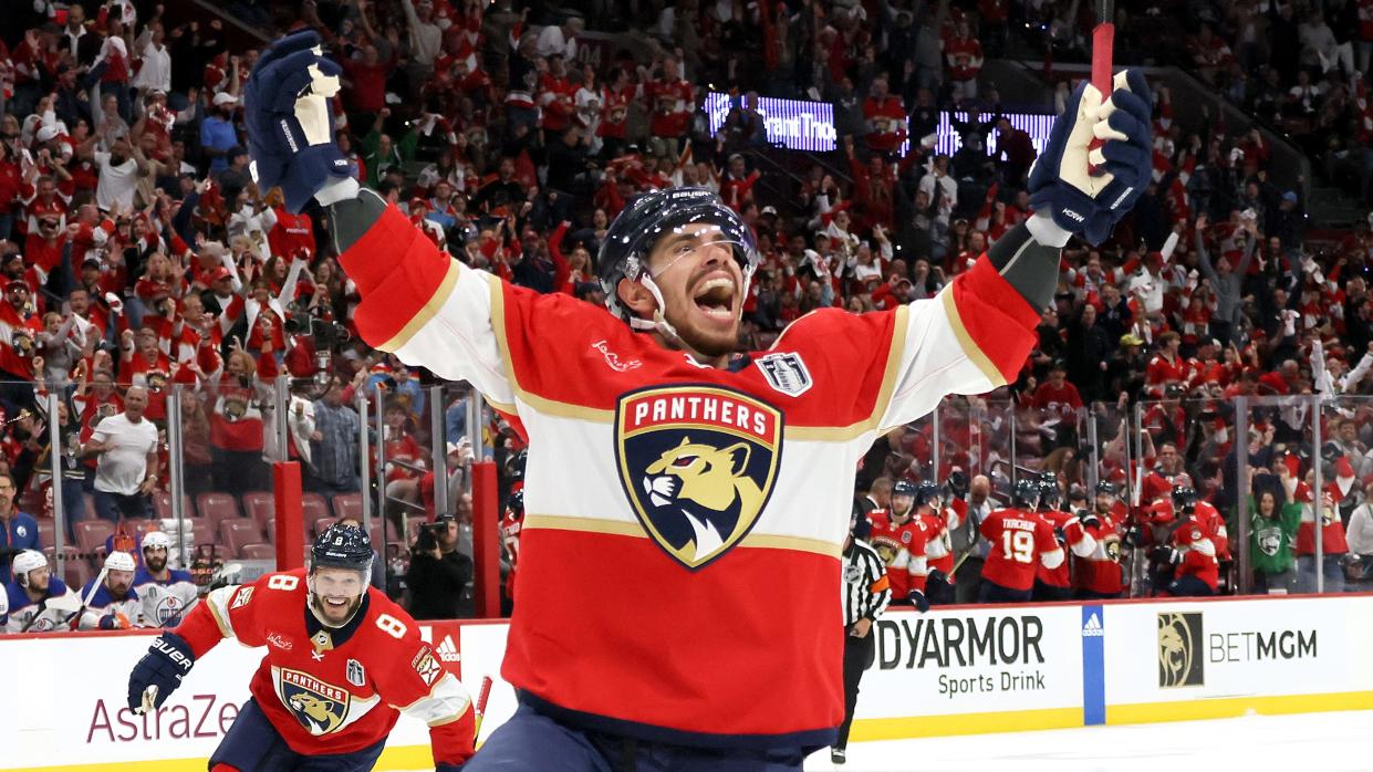 Evan Rodrigues celebrates the first of his two goals in Game 2. (Bruce Bennett/Getty Images)