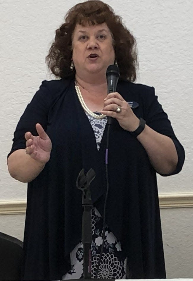 Jamie Haynes speaks at a Daytona Regional Chamber of Commerce forum for Volusia County School Board candidates on Wednesday, June 22, 2022.