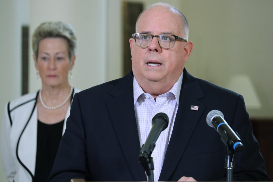 Gov. Larry Hogan, R-Md., speaks at a news conference, Friday, April 3, 2020, in Annapolis, Md. Authorities are searching for the daughter and a grandson of former Maryland Lt. Gov. Kathleen Kennedy Townsend after a canoe they were paddling in the Chesapeake Bay didn’t return to shore. Hogan on Friday identified the missing relatives as Maeve Kennedy Townsend McKean and McKean’s 8-year-old son, Gideon Joseph Kennedy McKean. (AP Photo/Brian Witte)