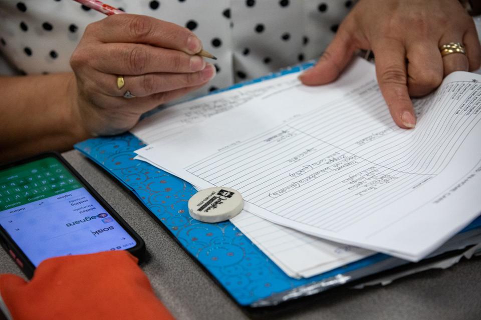 Agata Catania translates the English word "soak" to Italian during a Literacy for Caregivers English class on Wednesday, Aug. 23, 2023, in Corpus Christi, Texas.