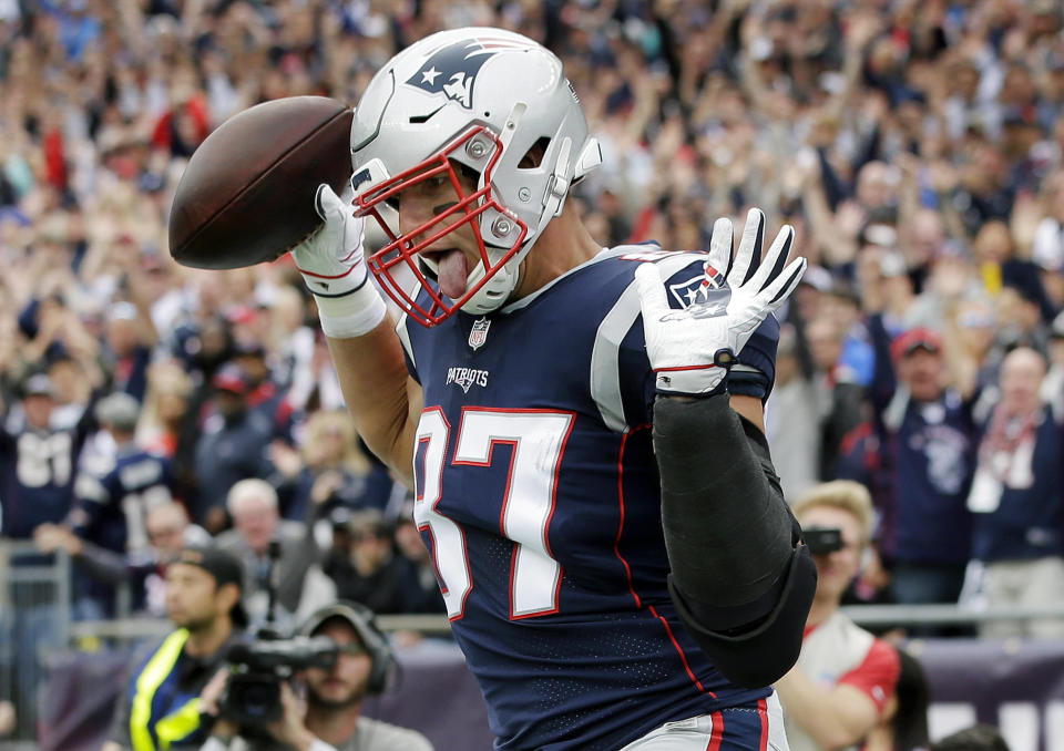 New England Patriots tight end Rob Gronkowski (87) celebrates his touchdown against the Houston Texans during the first half of an NFL football game, Sunday, Sept. 9, 2018, in Foxborough, Mass. (AP Photo/Steven Senne)