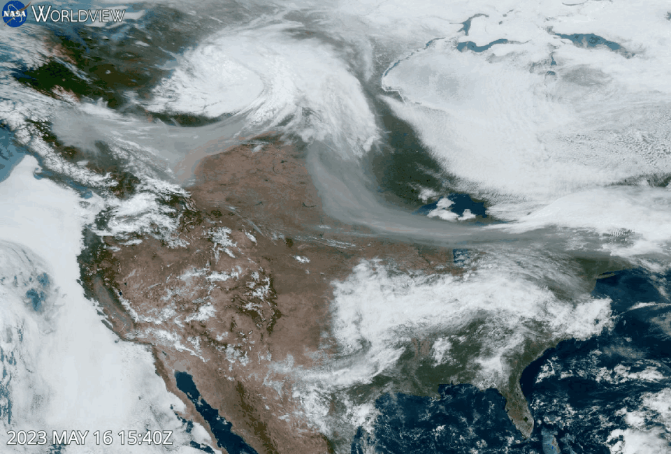 A satellite captures wildfire smoke on May 16, 2023. <a href="https://www.earthdata.nasa.gov/worldview/worldview-image-archive/canada-fires-16-may-2023" rel="nofollow noopener" target="_blank" data-ylk="slk:NASA EarthData;elm:context_link;itc:0;sec:content-canvas" class="link ">NASA EarthData</a>