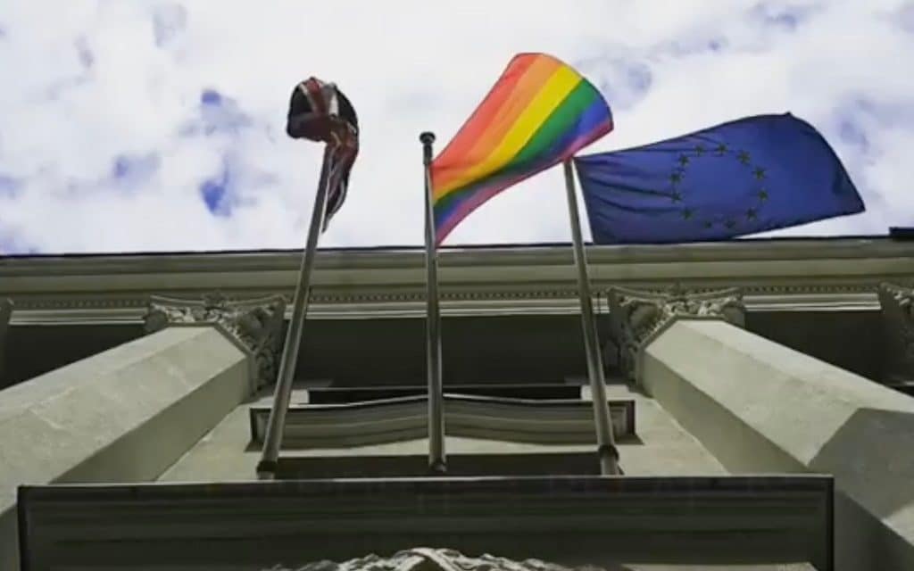 A rainbow flag outside the British Embassy in Minsk