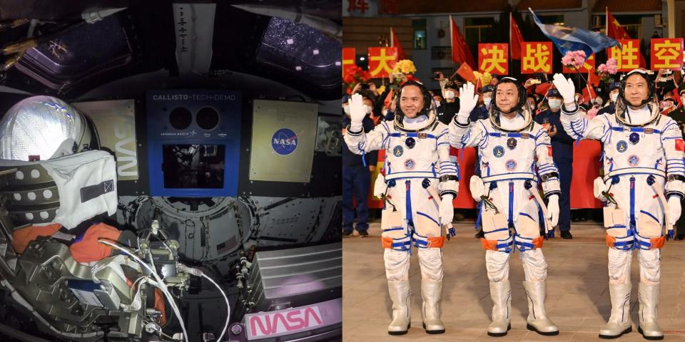 mannequin inside dark spacecraft juxtaposed with three taikonauts in spacesuits waving