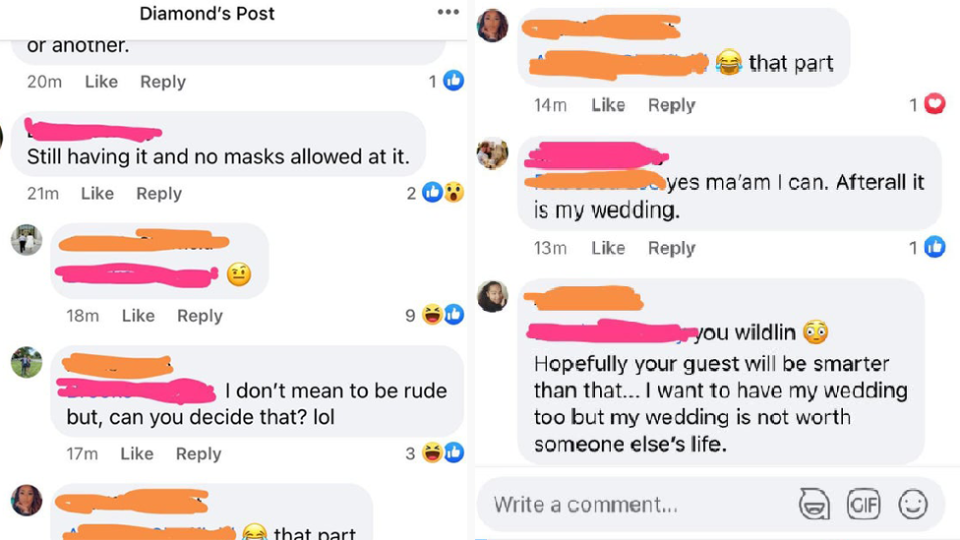 Screenshots of bride sharing 'no mask' rule for her wedding sparking outrage on Facebook