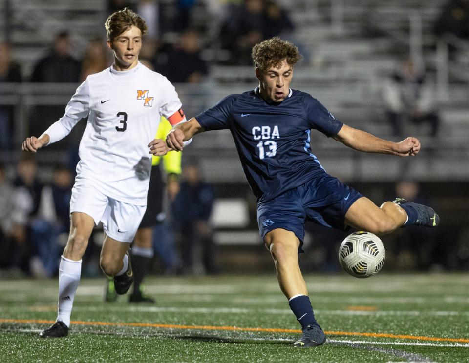 CBA Dimitry Corba takes a shot at goal in first half action. Christian Brothers Academy defeats  Middletown North Boys Soccer 2-1 in Shore Conference Tournament Semifinals in Neptune, NJ on October 20, 2022.