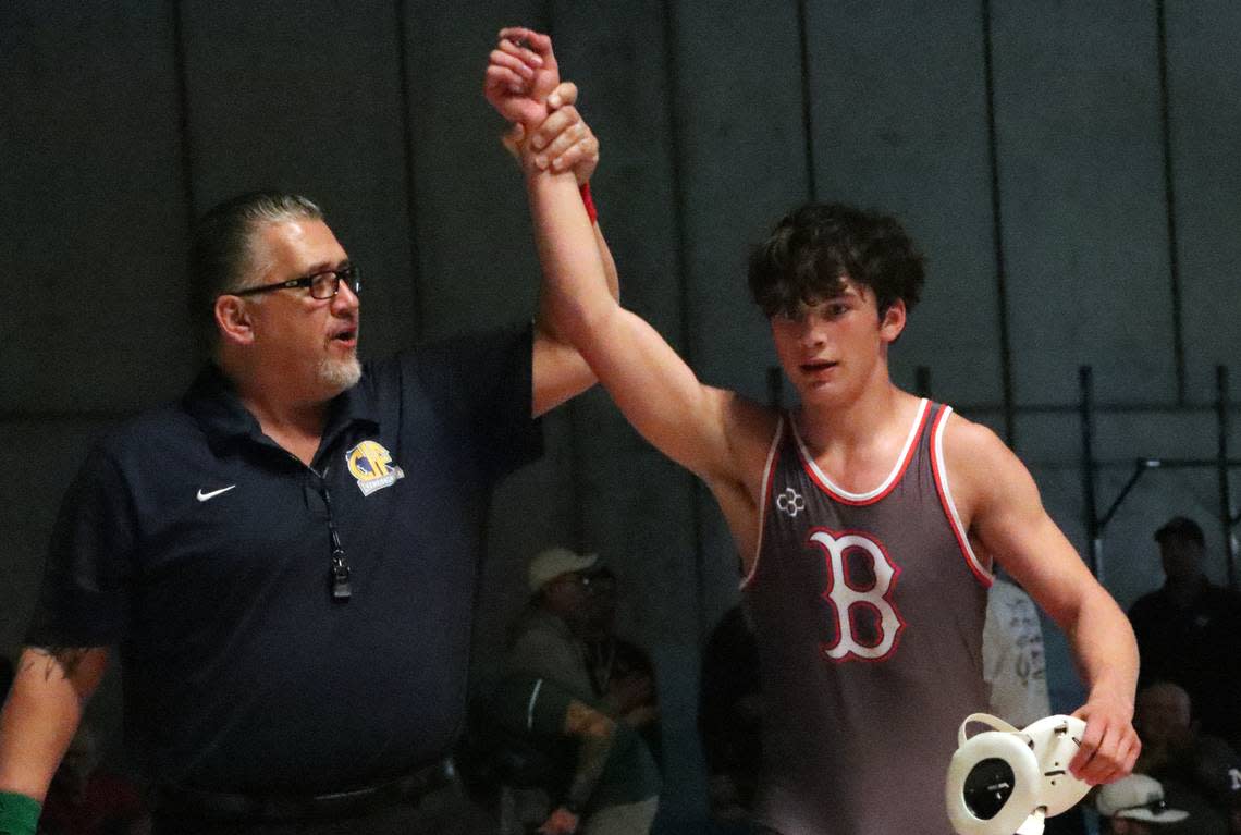 Buchanan High 154-pound wrestler Leo Contino claimed a 5-0 win over Dinuba High’s Coen Quintana in the CIF Central Section wrestling championships at Buchanan High on Feb. 18, 2023.