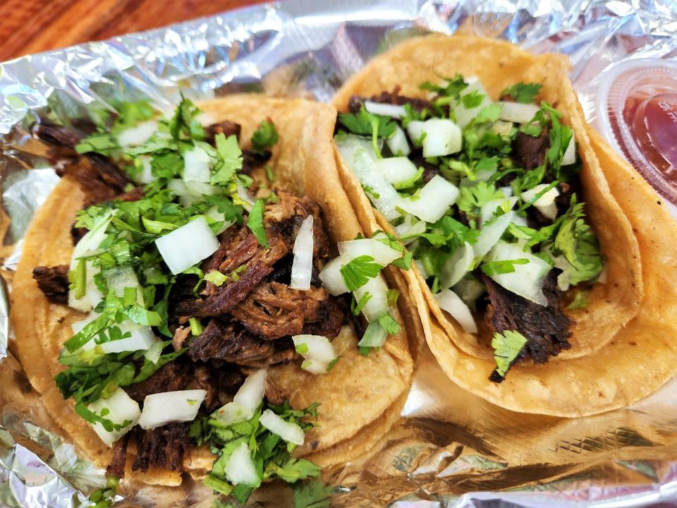 Birria chivo or slow cooked shredded goat tacos are served at The Taqueria Mexican Cuisine restaurant  inside the Guanajuato Market on Sunday, August 13, 2023.