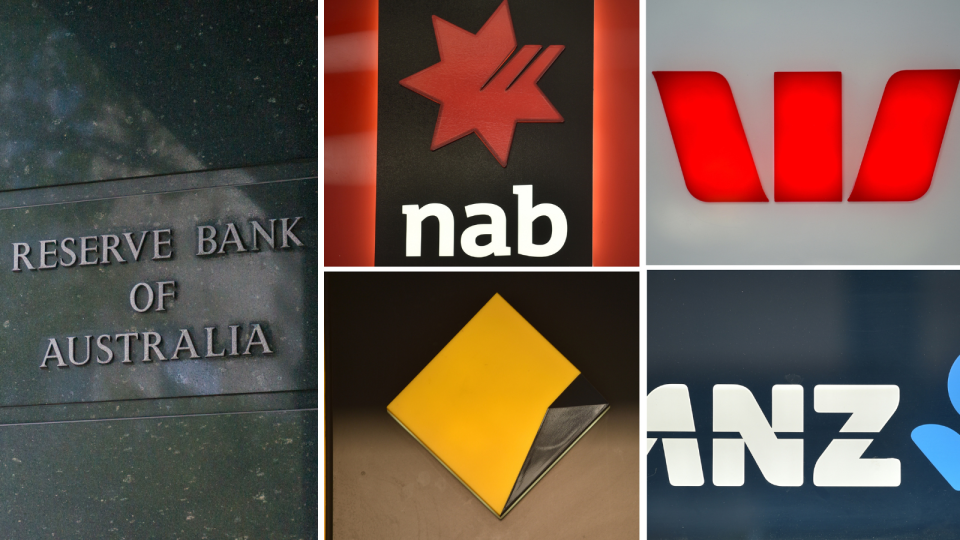 Bank collapse fears: A composite image of the RBA, CBA, ANZ, NAB and Westpac logos.