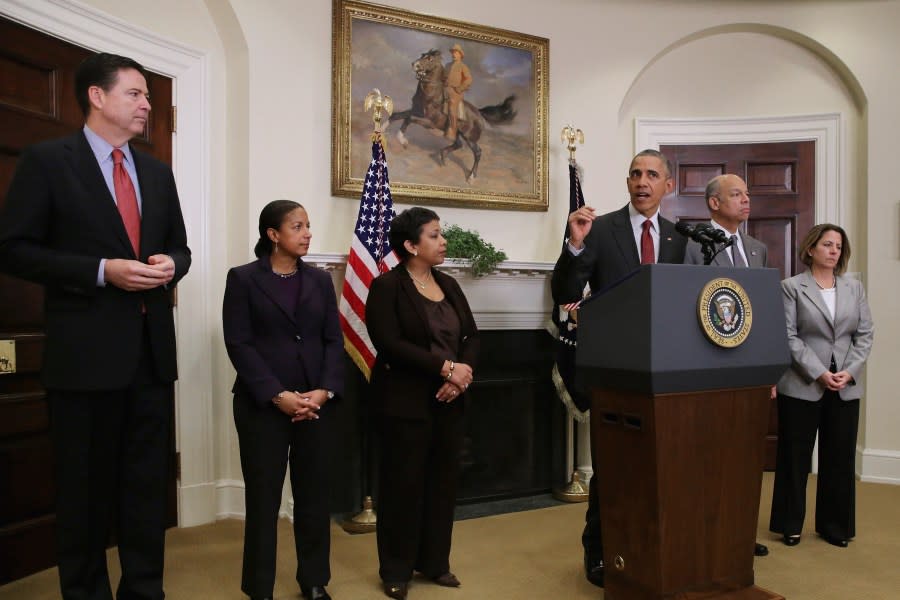 (left to right) U.S. President Barack Obama is joined by Federal Bureau of Investigation Director James Comey, National Security Adviser Susan Rice, Attorney General Loretta Lynch, Homeland Security Secretary Jeh Johnson and Homeland Security Adviser Lisa Monaco as he gives a statement in the Roosevelt Room at the White House Nov. 25, 2015 ,in Washington, D.C. Obama said the American people should continue with their Thanksgiving holiday plans and “We are taking every possible step to keep our homeland safe.” (Photo by Chip Somodevilla/Getty Images)