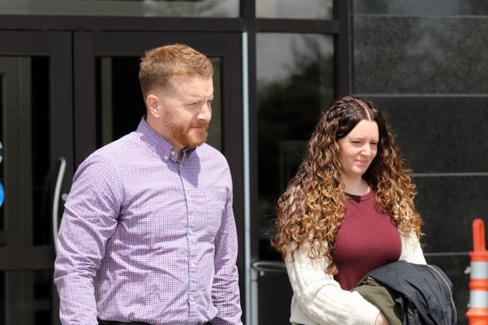 Joshua Hebb, who was a teacher at Riverview High School in January 2021, leaves the Moncton courthouse on May 27, 2024, after testifying. 