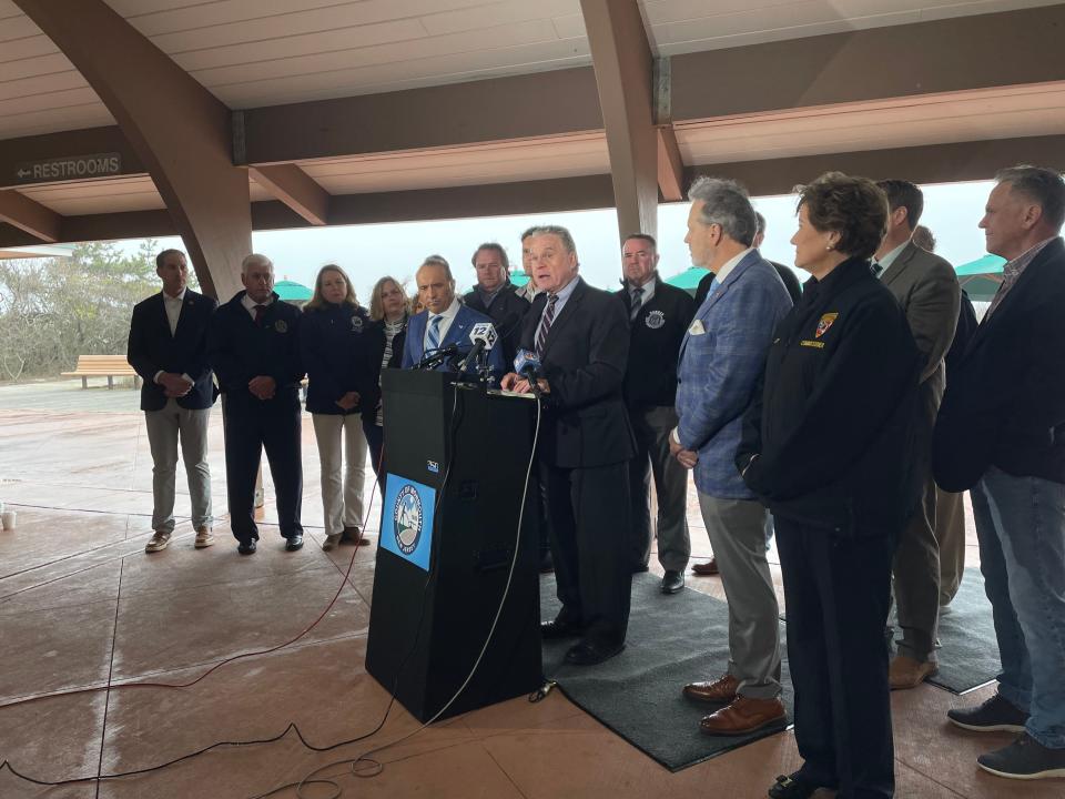 Rep. Chris Smith of New Jersey joins Monmouth County state and county officials in calling for a stop to offshore wind development and an investigation into whale deaths, on Wednesday, April 5, 2023 at Seven Presidents Oceanfront Park in Long Branch.
