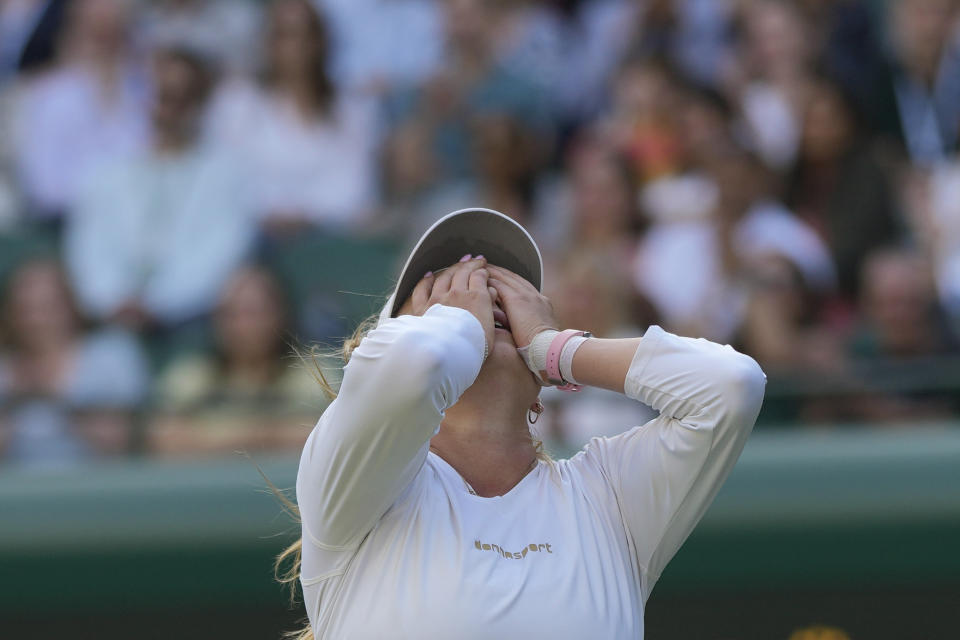 Croatia's Donna Vekic celebrates defeating Sloane Stephens of the US during the women's singles match on day four of the Wimbledon tennis championships in London, Thursday, July 6, 2023. (AP Photo/Alastair Grant)