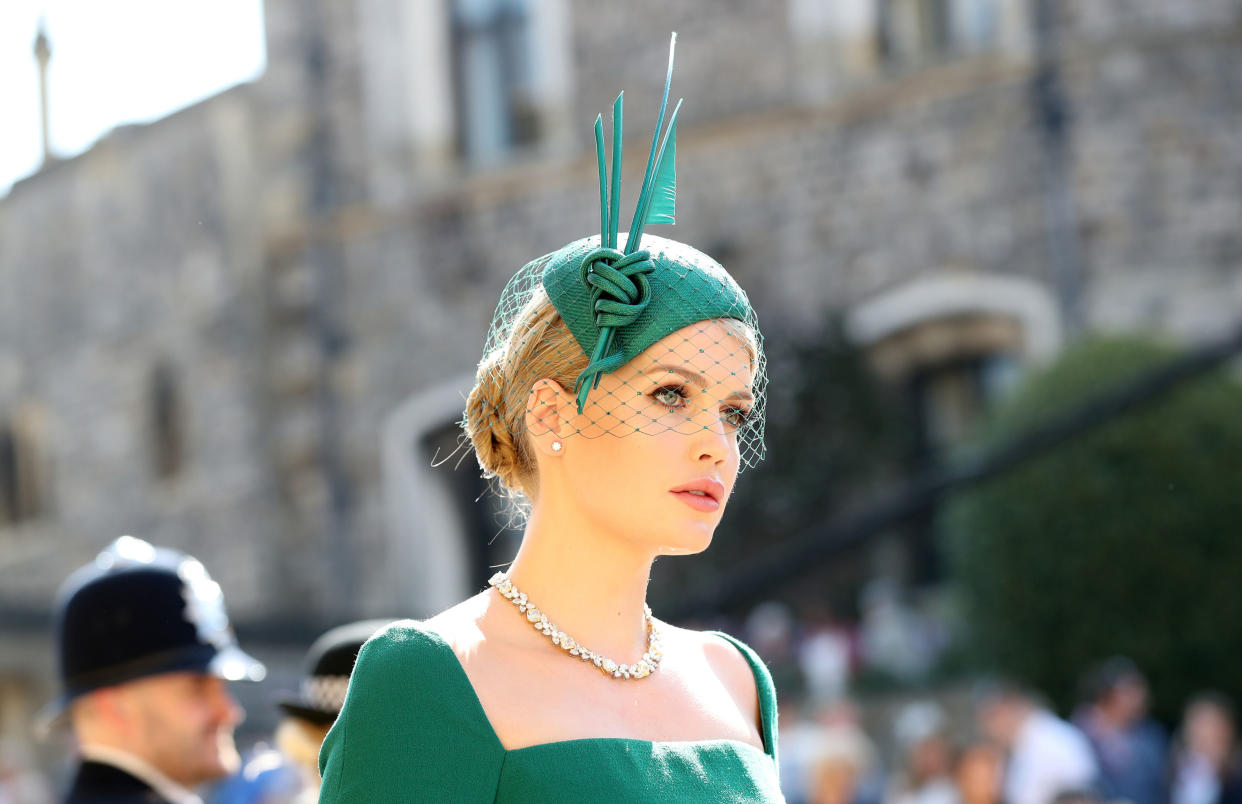 Kitty Spencer wearing a green dress and hat at the wedding ceremony of Britain's Prince Harry, Duke of Sussex and US actress Meghan Markle at St George's Chapel, Windsor Castle, in Windsor, on May 19, 2018.