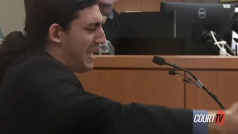 Ali Abulaban, 32, gave graphic testimony in his own trial on Tuesday, telling the court how he ‘snapped’ after finding his wife and another man ‘cuddling’ on the couch of her San Diego apartment (Court TV)