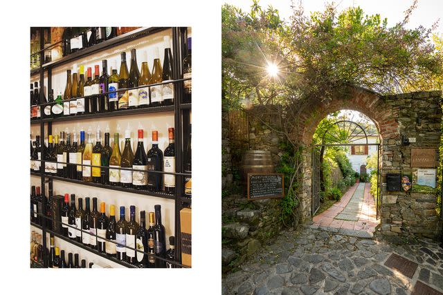 <p>From left: Courtesy of Ghemé; Courtesy of Buranco</p> From left: Stocked shelves at Ghemé, in Riomaggiore; the entrance to Buranco.