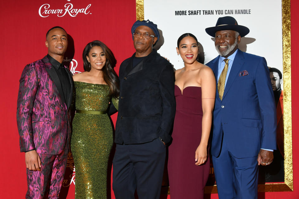 Jessie T. Usher, Regina Hall, Samuel L. Jackson, Alexandra Shipp and Richard Roundtree attend the “Shaft” premiere at AMC Lincoln Square Theater on June 10, 2019 in New York City.