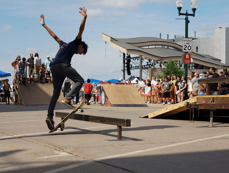 A participant in the Innoskate Trick Competition in downtown Sioux Falls on Saturday, July 9, 2022.