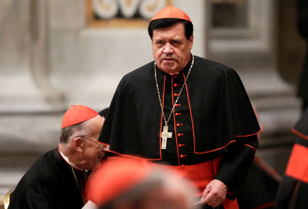 FILE PHOTO: Mexican Cardinal Norberto Rivera Carrera arrives to attend a prayer at Saint Peter's Basilica in the Vatican March 6, 2013. REUTERS/Max Rossi/File Photo