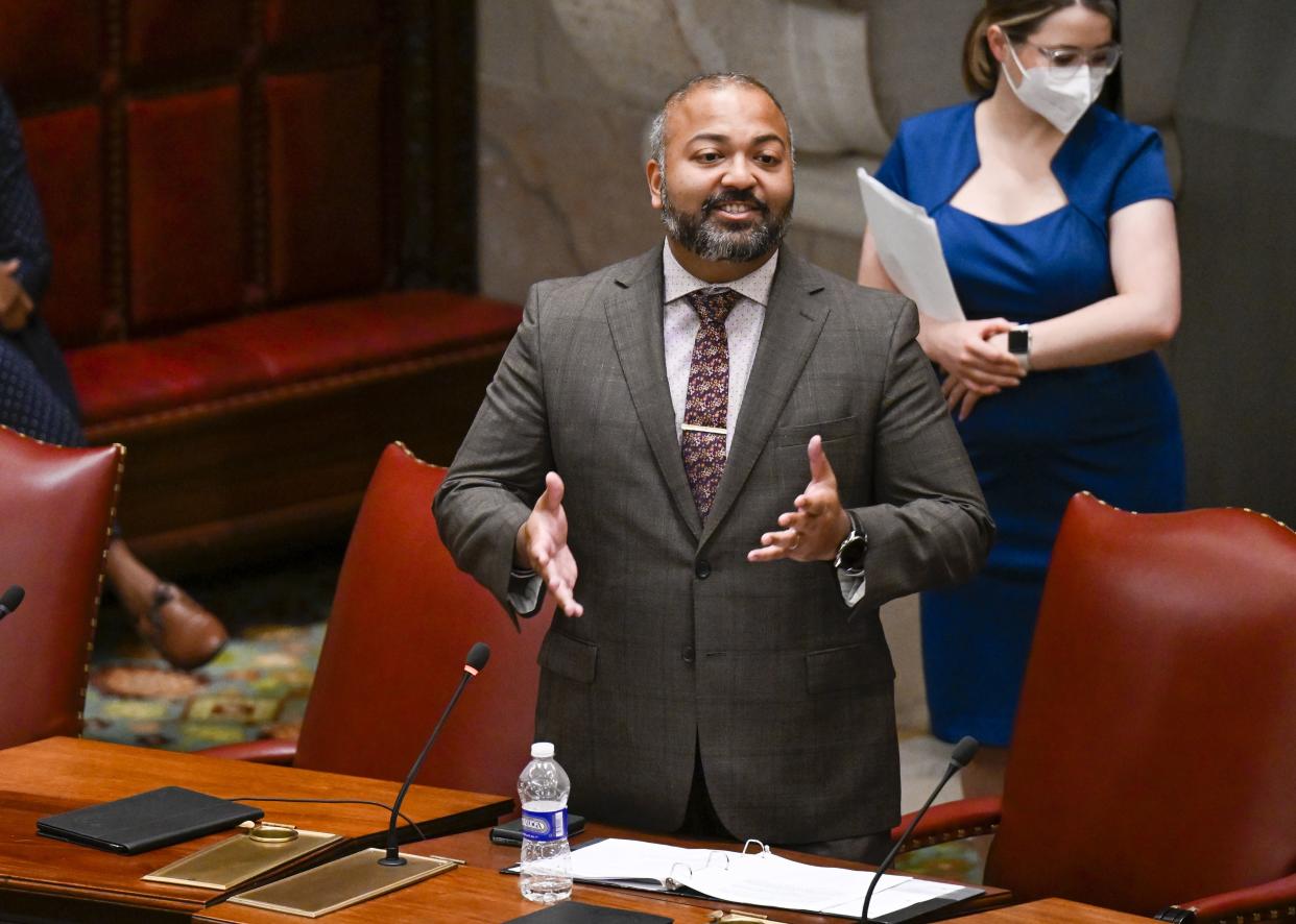 Representing New York Senate District 6 in central Nassau County, Democratic Sen. Kevin Thomas debates legislation regarding the purchase or taking possession of a semiautomatic rifle in Albany, New York on Thursday, June 2, 2022. 