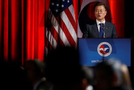 South Korean President Moon Jae-In speaks to the U.S. Chamber of Commerce in Washington, U.S., June 28, 2017. REUTERS/Joshua Roberts