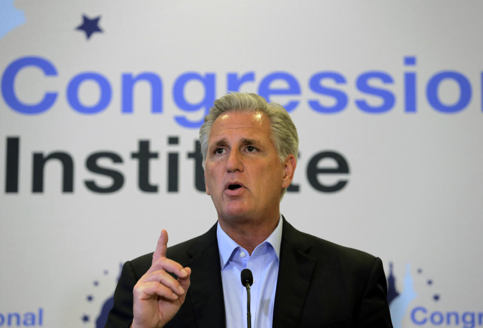 House Minority Leader Kevin McCarthy R-Calif., speaks at a news conference during the House Republican members conference in Baltimore, Thursday, Sept. 12, 2019. (AP Photo/Jose Luis Magana)
