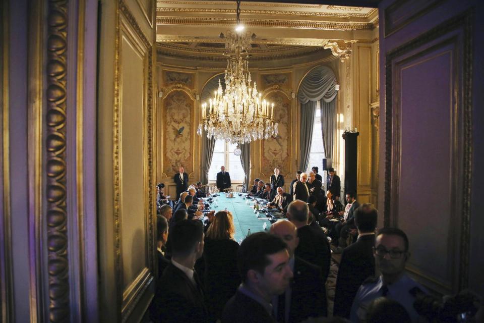 Ministers and delegates attend a meeting on Syria in Paris, Saturday, Dec. 10, 2016. U.S. Secretary of State John Kerry and leading diplomats are trying to find solutions for Syria's desperate opposition, as Syrian government forces squeeze rebels out of Aleppo after a devastating blitz. (AP Photo/Thibault Camus, Pool)