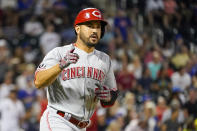 Cincinnati Reds' Eugenio Suarez runs the bases after hitting a three-run home run in the fourth inning of the baseball game against the New York Mets, Saturday, July 31, 2021, in New York. (AP Photo/Mary Altaffer)