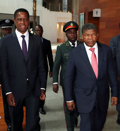 Zambia's President Edgar Lungu and his Angolan counterpart Joao Lourenco arrive for the High Level Consultation Meetings of Heads of State and Government on the situation in the Democratic Republic of Congo at the African Union Headquarters in Addis Ababa, Ethiopia January 17, 2019. REUTERS/Tiksa Negeri
