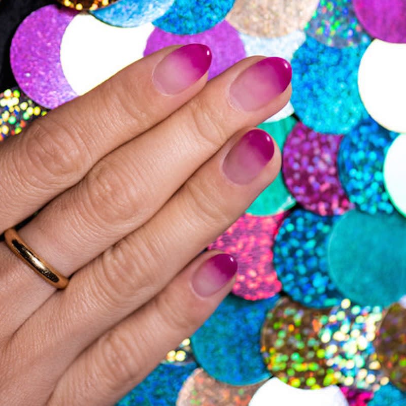 Rich berry shades are a fall staple, and if you're reluctant to let go of the summer weather, this gradient manicure expresses that beautifully. It was created by blending to together <a href="https://www.opi.com/nail-art/walk-ueno-park#2Bl0RXP6a1HBzCVD.97" rel="nofollow noopener" target="_blank" data-ylk="slk:three diluted shades of OPI GelColor;elm:context_link;itc:0;sec:content-canvas" class="link ">three diluted shades of OPI GelColor</a>: Another Ramen-tic, Arigato From Tokyo, and All Your Dreams.