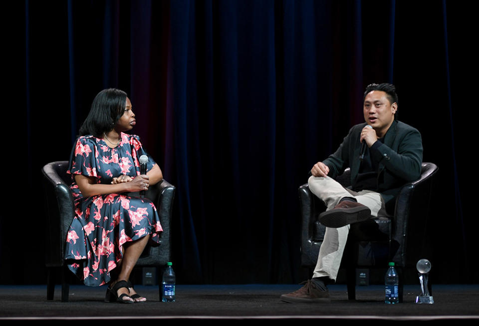 Nekesa Mumbi Moody and Jon M. Chu speak onstage during the Filmmaker Lunch Program at Caesars Palace during CinemaCon, the official convention of the National Association of Theatre Owners, on April 11, 2024 in Las Vegas, Nevada.