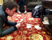 Dec Donnelly posted this picture on Twitter of himself playing poker with...er...a cat. We don't think that's much of a competition, Dec, but it has got us wondering who's cuter - Dec or the kitten?!