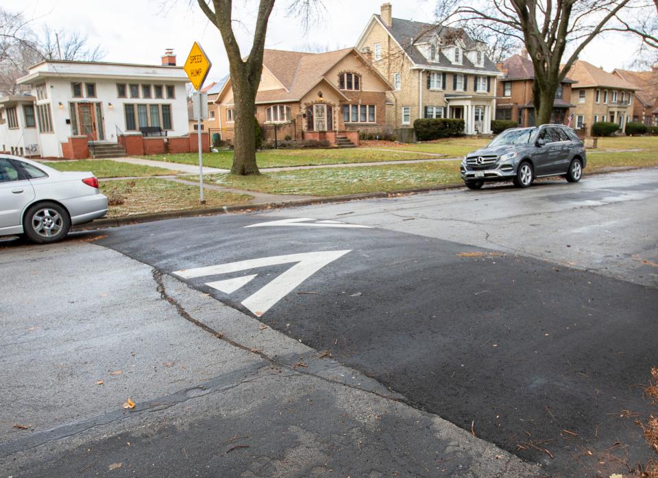 A speed hump on North Grant Boulevard in Sherman Park helps slow traffic in the residential Milwaukee neighborhood.