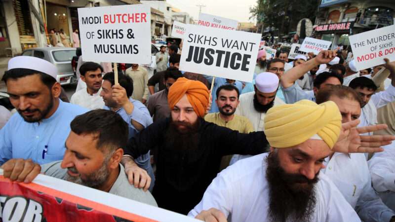 Members of the Sikh community in Peshawar, Pakistan, protest the killing of Hardeep Singh Nijjar in Canada.