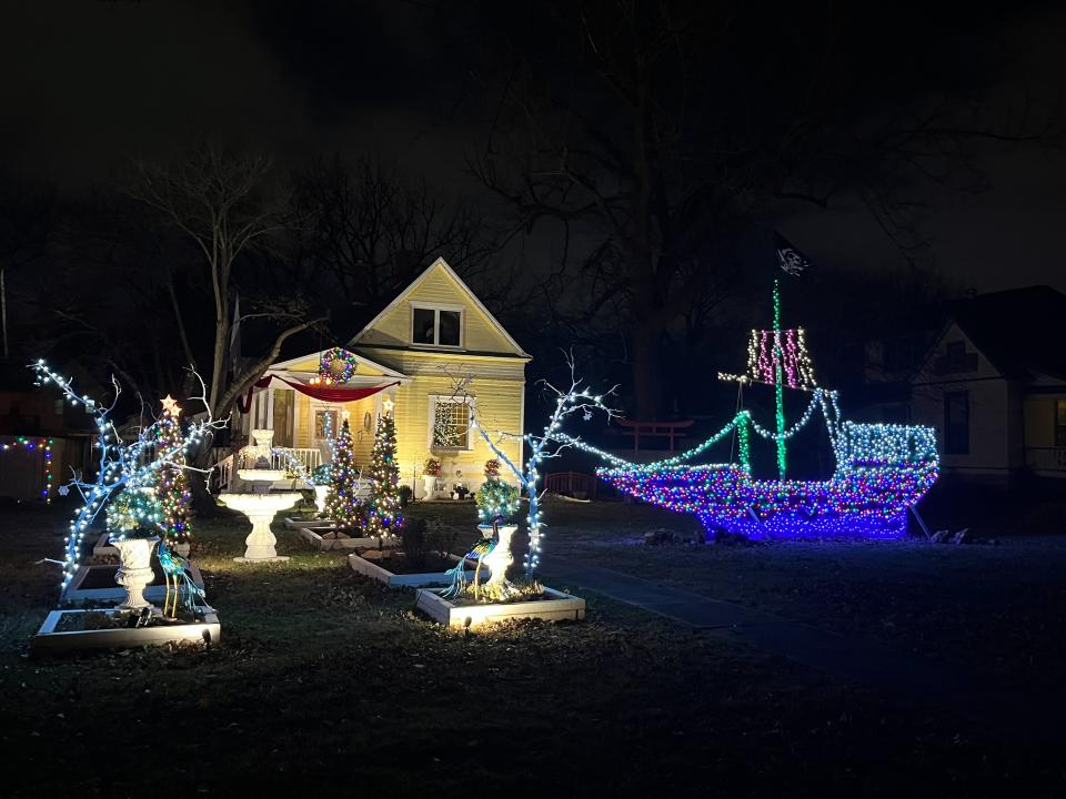 Building on his Halloween pirate ship display, Benigno Hernandez's Christmas display now features Captain Hook's pirate ship from Peter Pan with thousands of lights. Hernandez's display is located at 1337 N. Clay Ave.