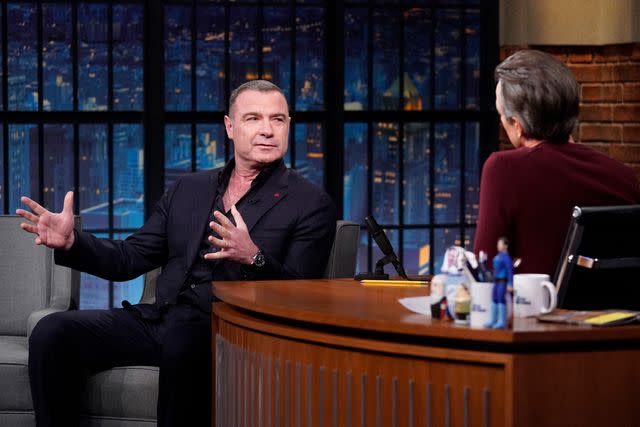 <p>Lloyd Bishop/NBC via Getty</p> Liev Schreiber on <em>Late Night with Seth Meyers</em>