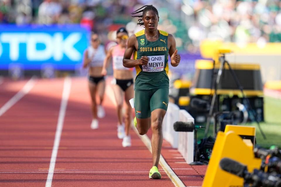 Caster Semenya, of South Africa, competes during a heat in the women’s 5000-meter run at the World Athletics Championships on Wednesday, July 20, 2022, in Eugene, Ore. (AP Photo/Ashley Landis)