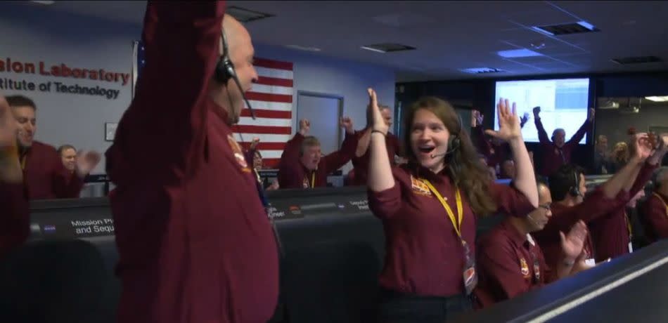 InSight team members rejoice at NASA’s JPL headquarters after getting confirmation of a successful landing on Mars.