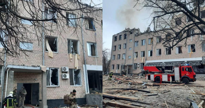 基輔一處軍事單位遭到俄軍砲擊。（圖／翻攝自推特@AlexKhrebet）