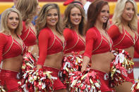 <p>Chiefs cheerleaders before a week 2 NFL game between the Philadelphia Eagles and Kansas City Chiefs on September 17th, 2017 at Arrowhead Stadium in Kansas City, MO. The Chiefs won 27-20. (Photo by Scott Winters/Icon Sportswire) </p>