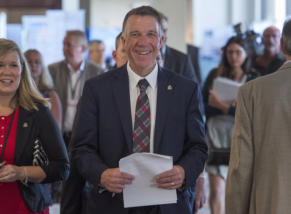 Vermont Governor Phil Scott (R) arrives at a meeting of New England governors and Eastern Canadian premiers in Charlottetown, Prince Edward Island on Monday, Aug. 28, 2017. (Andrew Vaughan/The Canadian Press via AP)