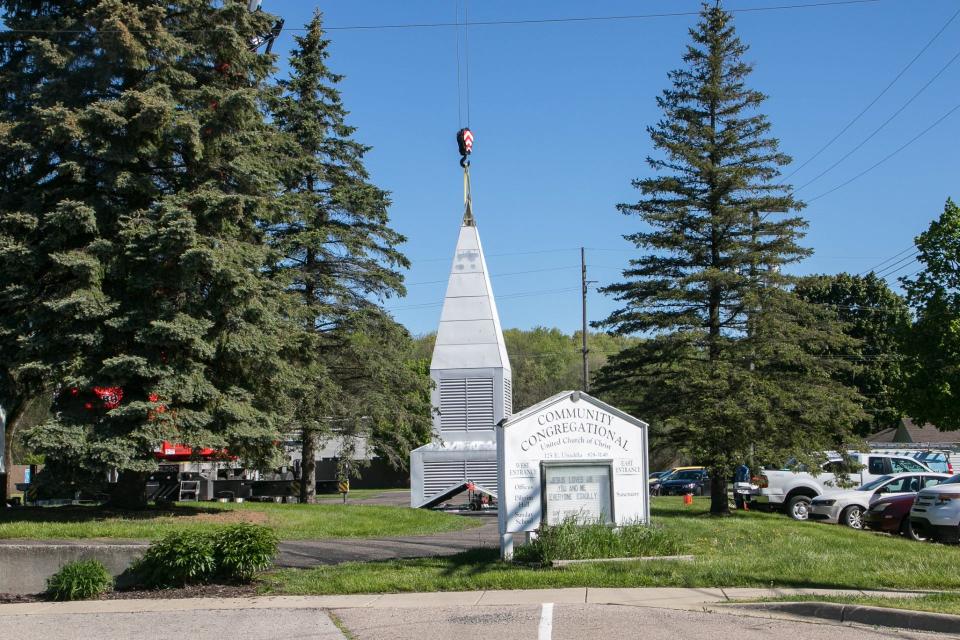 The 176-year-old Community Congregational United Church of Christ in Pinckney received a bit of a facelift Wednesday, as its steeple was temporarily removed.