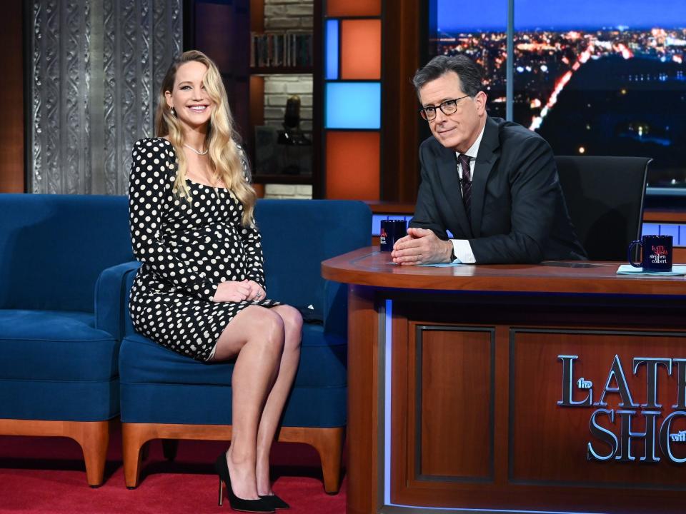 Jennifer Lawrence on "The Late Show With Stephen Colbert" in December 2021.