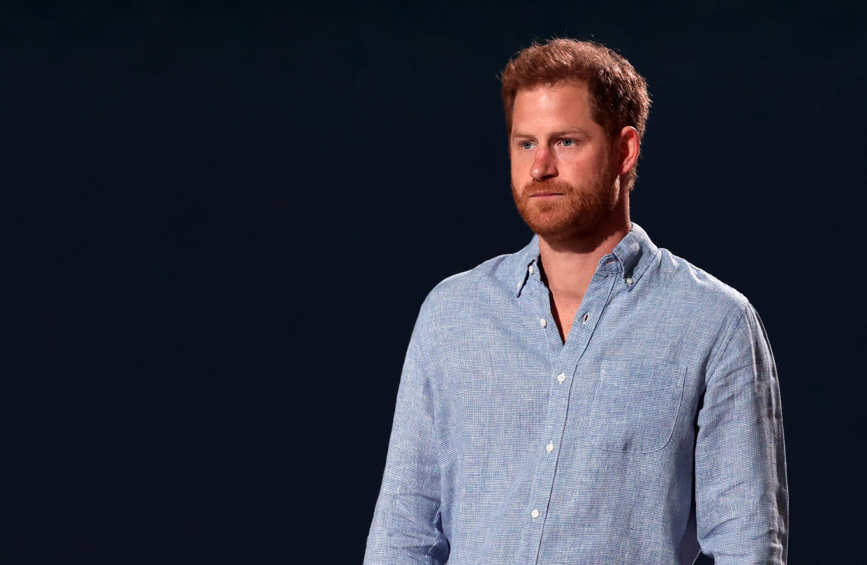 INGLEWOOD, CALIFORNIA: In this image released on May 2, Prince Harry, The Duke of Sussex, speaks onstage during Global Citizen VAX LIVE: The Concert To Reunite The World at SoFi Stadium in Inglewood, California. Global Citizen VAX LIVE: The Concert To Reunite The World will be broadcast on May 8, 2021. (Photo by Kevin Winter/Getty Images for Global Citizen VAX LIVE)